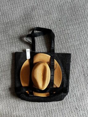 Anne Cole Black and Tan Woven Straw Tote with Matching Hat